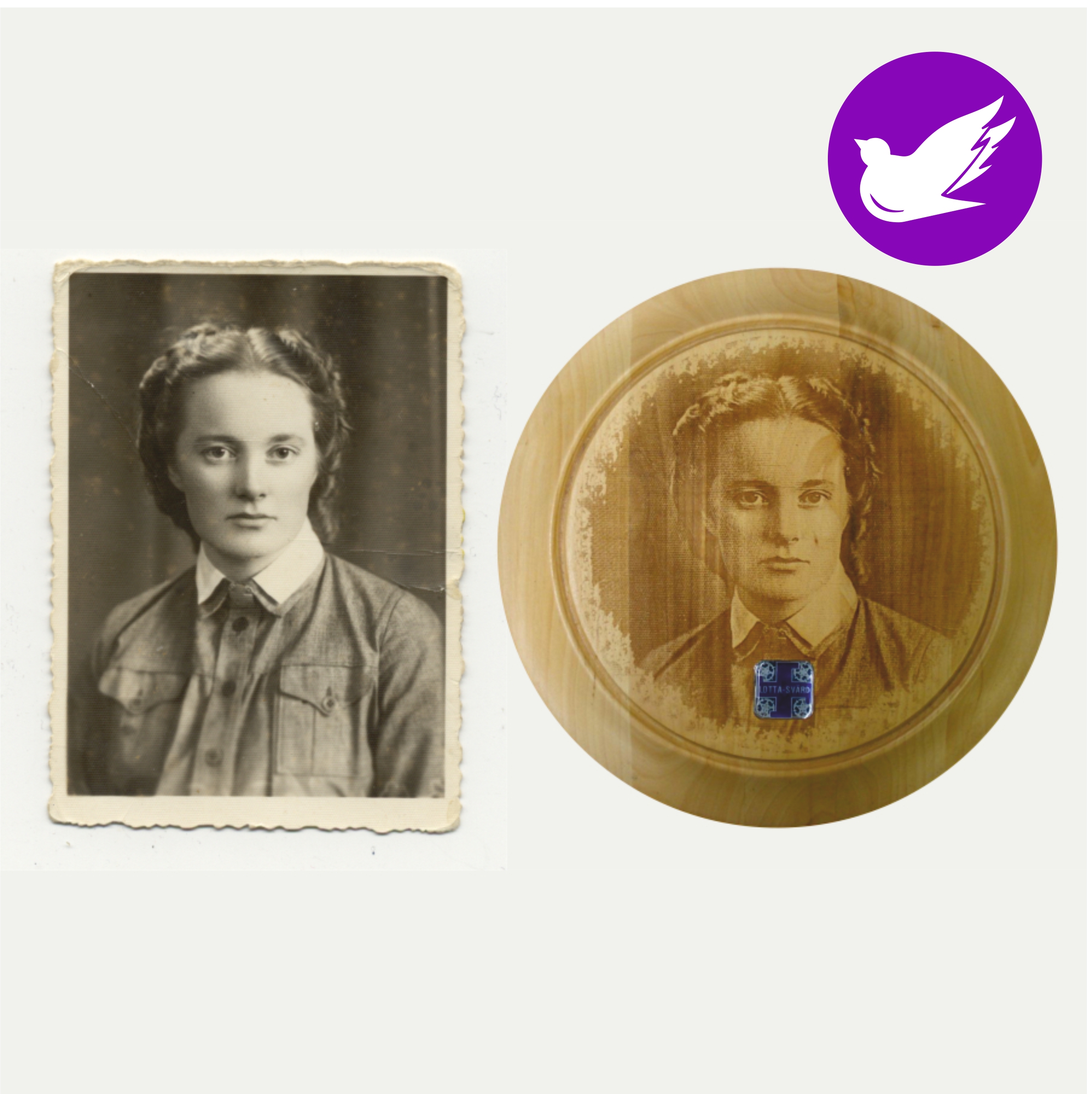 Kaiverrettu pyöreä puutaulu omalla kuvalla. Materiaali on leppää ja pinta on lakattu. Kuva tehdään lasermerkkauksella. koko: n. 30 x 30 x 3cm