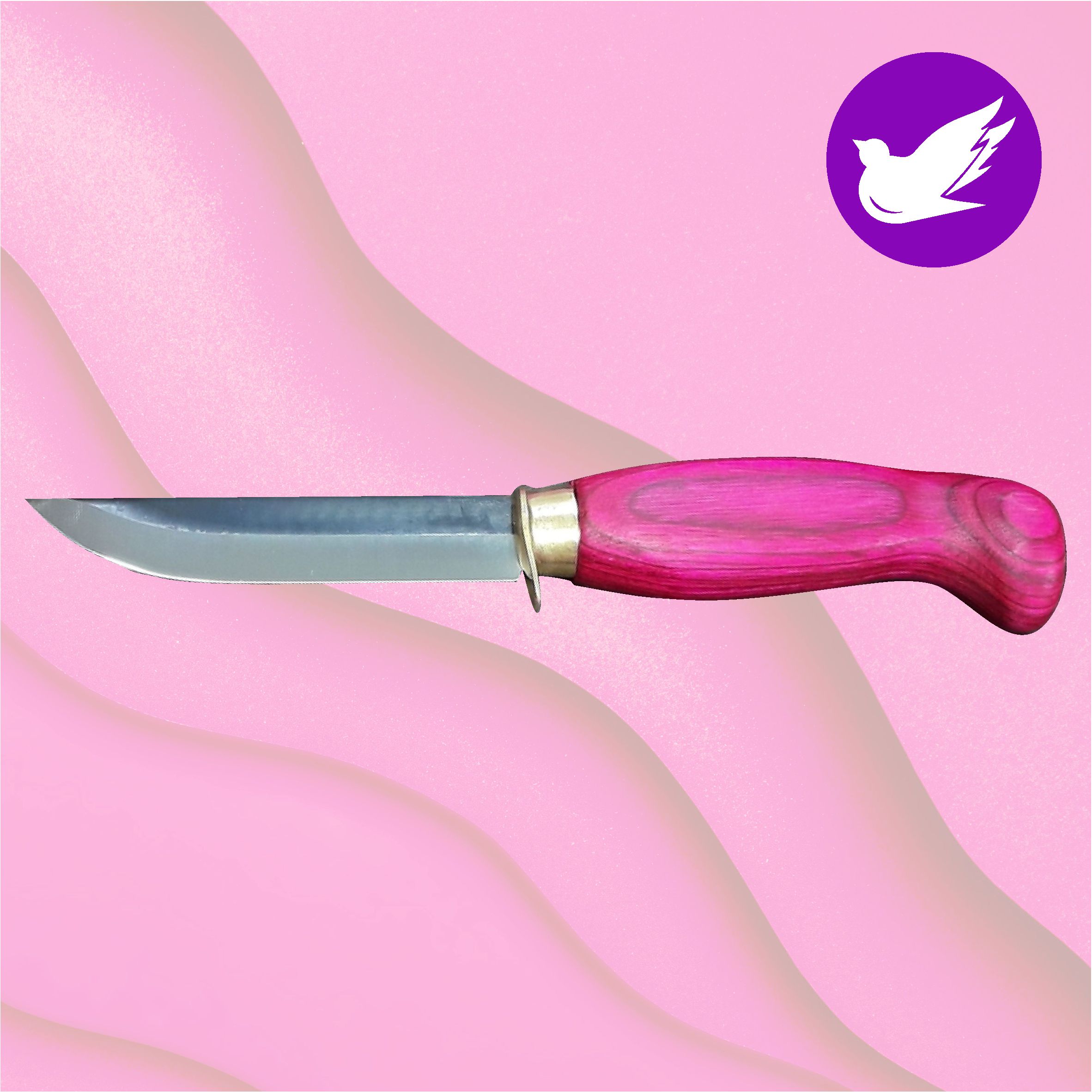 PUUKKO SORMISUOJALLA omalla tekstillä Väripuukahvainen puukko sormisuojalla ja tupella, terä pyöristetty. Puukon mukana tulee värikahvan sävyinen tuppi. Terä: 8,5 cm