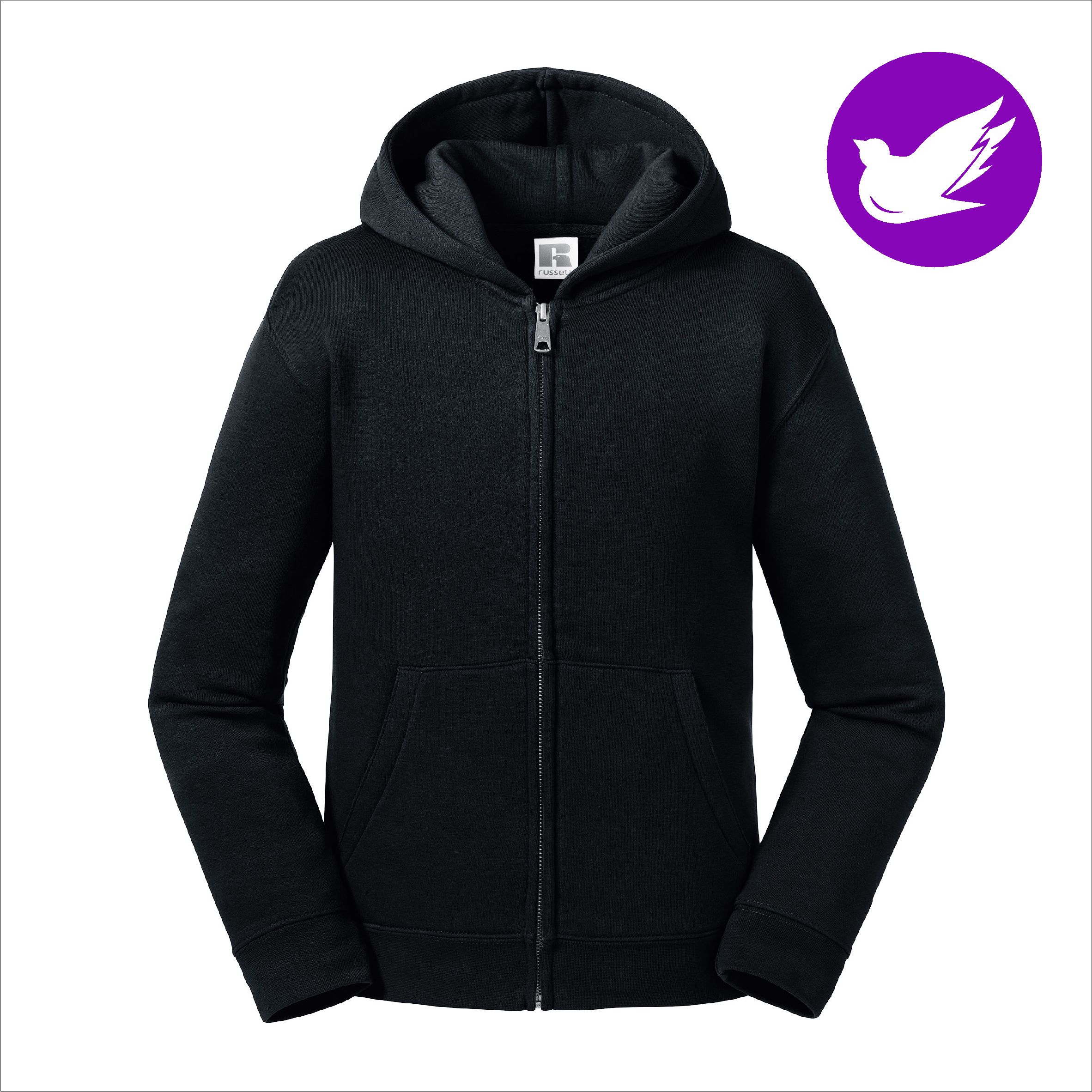 RUSSEL AUTHENTIC LASTEN VETOKETJUHUPPARI omalla tekstillä • Materiaali: 80 % rengaskehrättyä kampapuuvillaa, 20 % polyesteriä • Paino: 280 g/m² • Kaksinkertainen huppu • Päällystetty metallinen YKK®-vetoketju • EU:n turvallisuussäännösten mukaisesti ilman säätönyöriä Koot: 104 - 164 cm