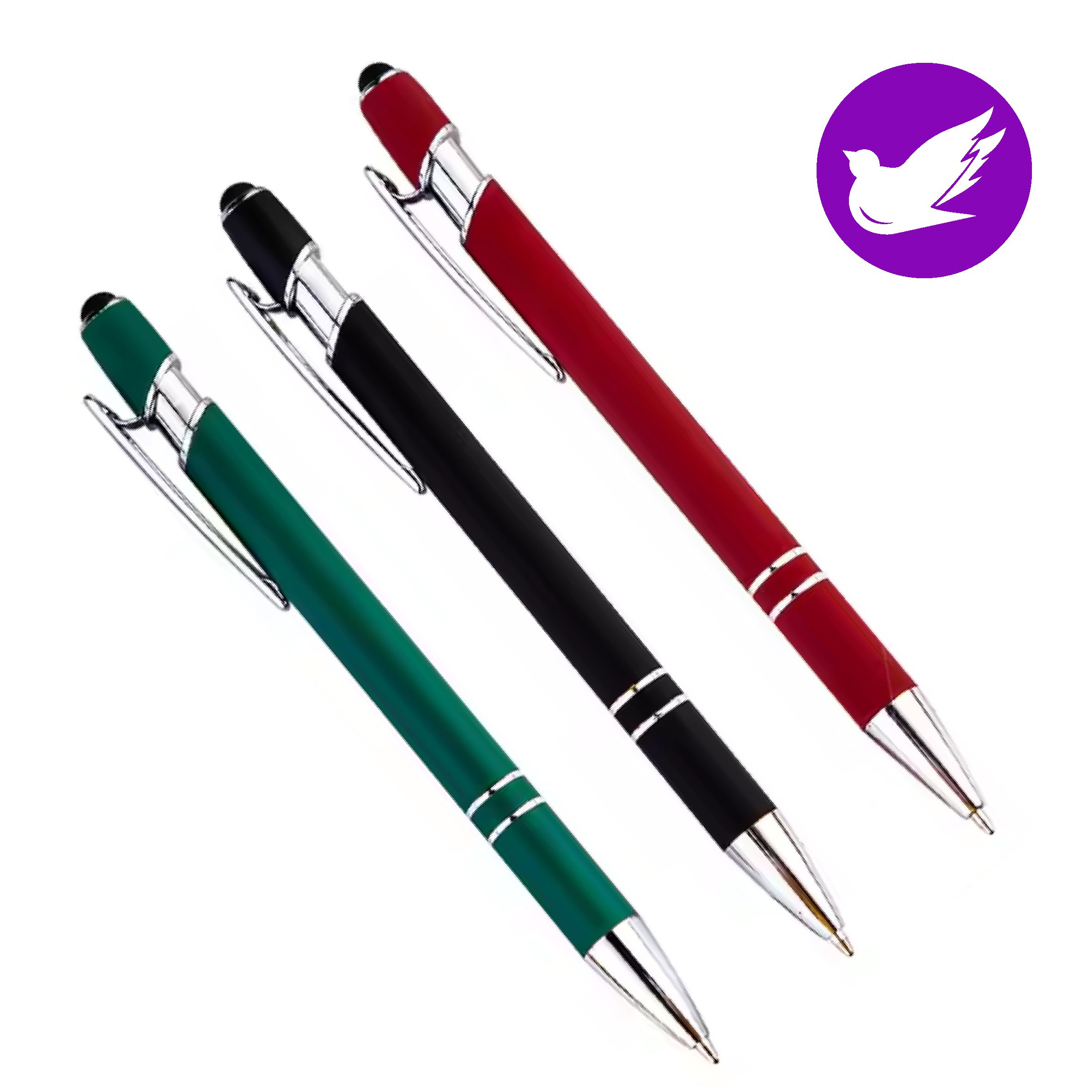 Kynät omalla logolla tai tekstillä Tyylikäs kuulakärkikynä kosketusnäyttöpäällä. Kestävä alumiinirunko kumipinnoitteella, metalliklipsi,  musta muste.